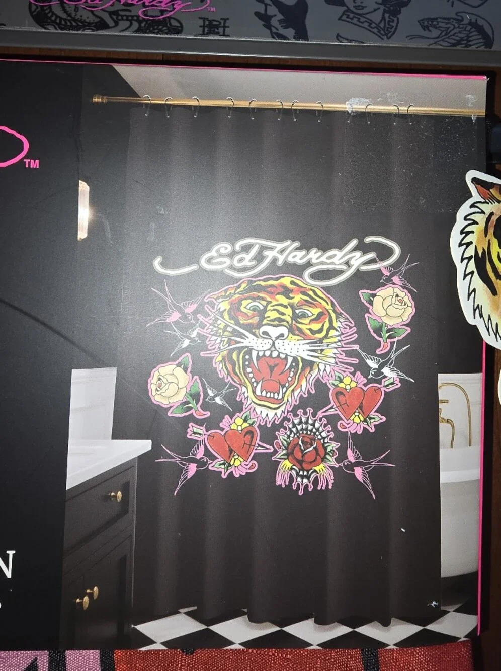 Ed Hardy Black Shower Curtain with Pink, Red and Green Tiger 🐯 Graphic, NWT!